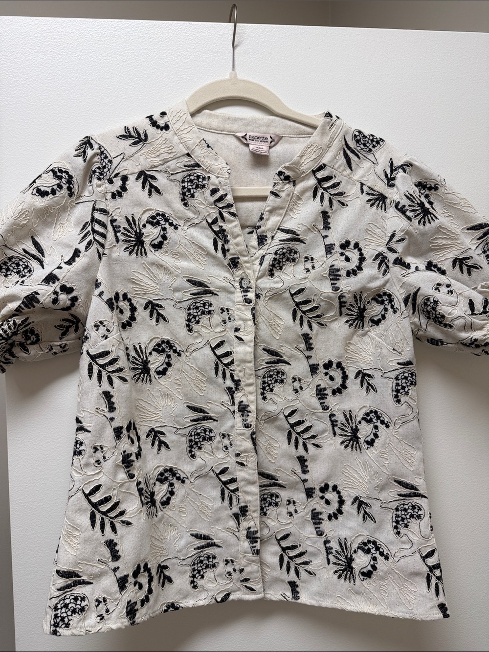 Nanette Lepore Cream and Black Floral Embroidered Blouse